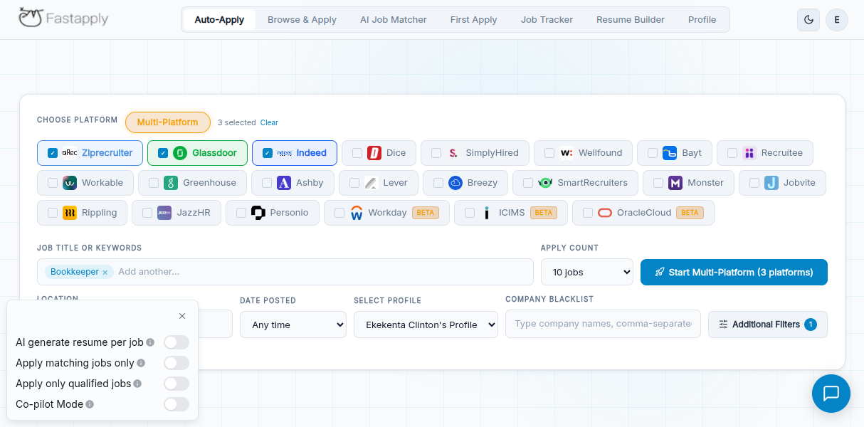 FastApply dashboard showing real-time application tracking across multiple job boards