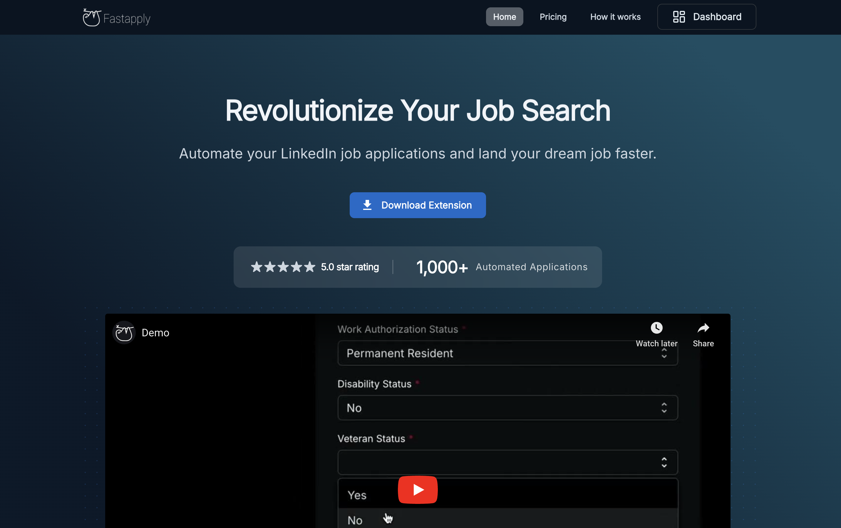 FastApply home page, over 10000 job automations