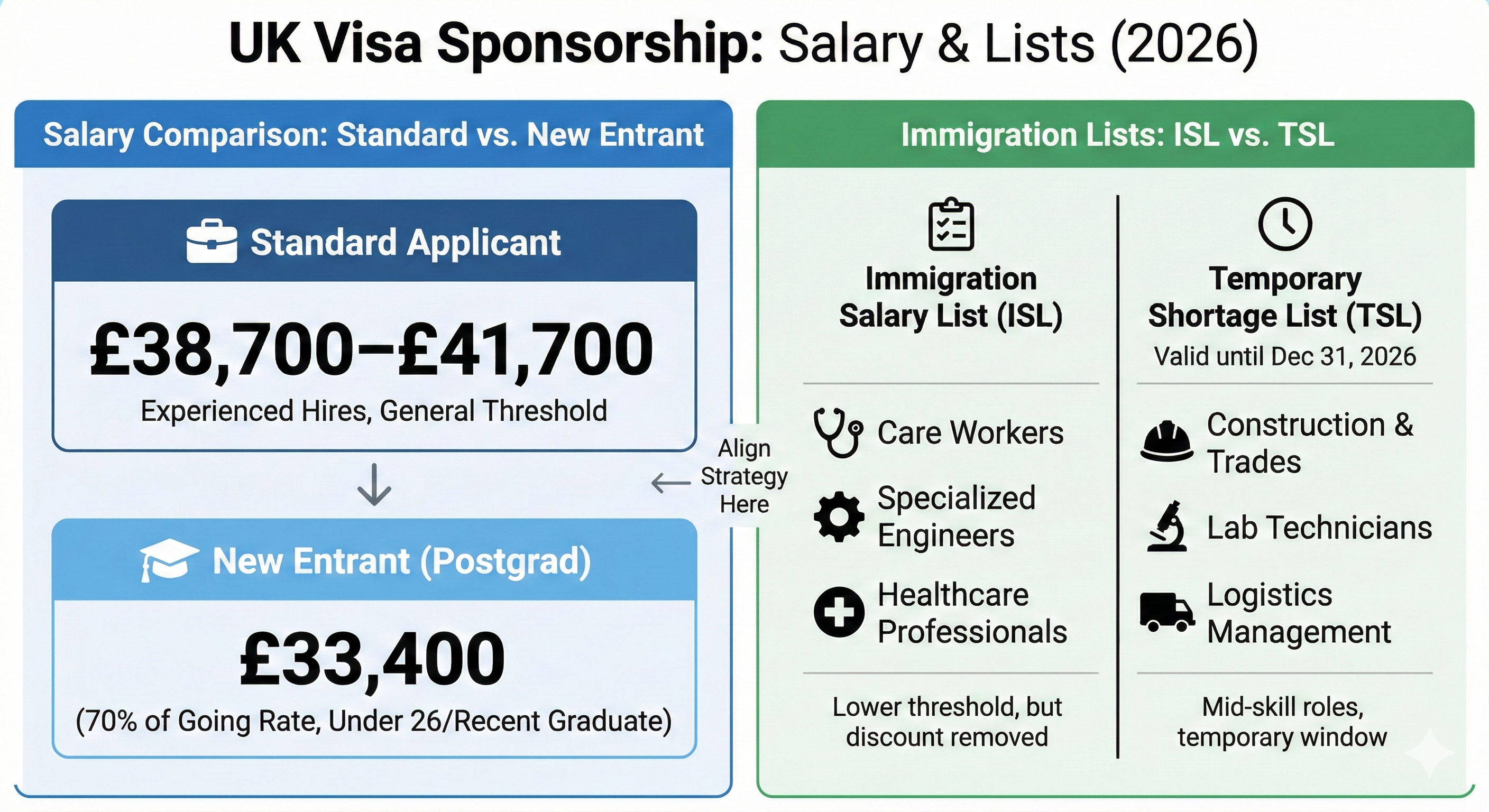 2026 UK Skilled Worker visa salary thresholds comparison: standard applicants versus new entrant postgraduates