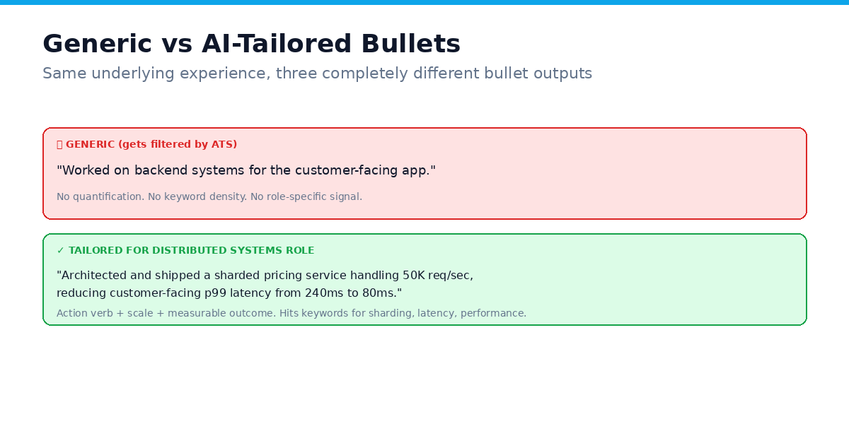 Generic vs AI-tailored bullet examples, same underlying experience, different role-specific tailored outputs that pass the ATS keyword filter