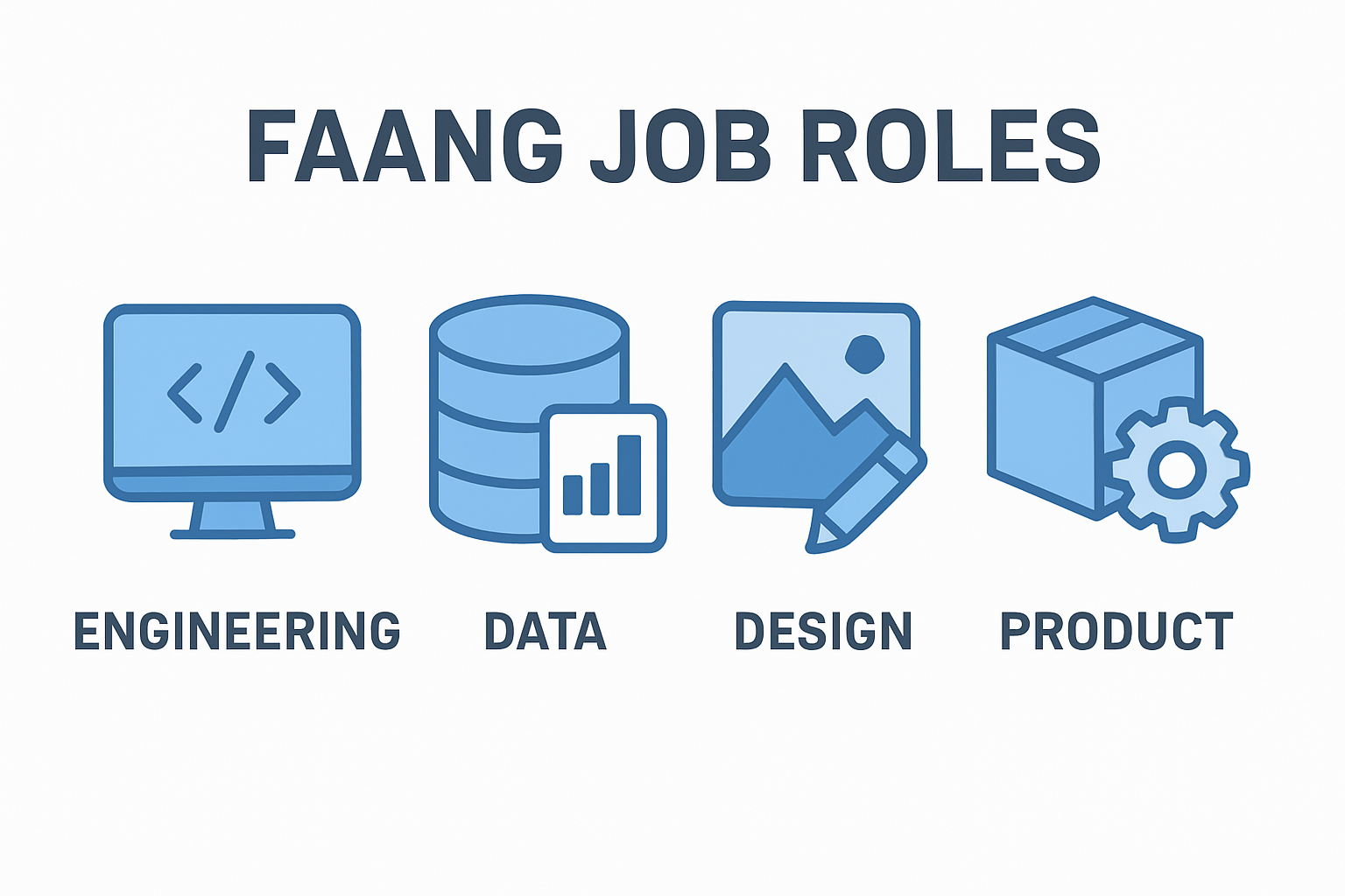 FAANG job roles with icons (engineering, data, design, product)